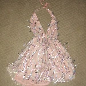halter light pink sequin mini dress